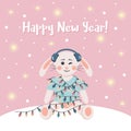 ÃÂ¡ute rabbit in winter headphones is wrapped in a garland. Winter card with shining lights and snow. Happy New Year text